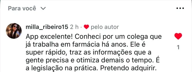 Comentário no Instagram: “App excelente! Ele é super rápido, traz as informações que a gente precisa e otimiza demais o tempo. É a legislação na prática. Pretendo adquirir.”
