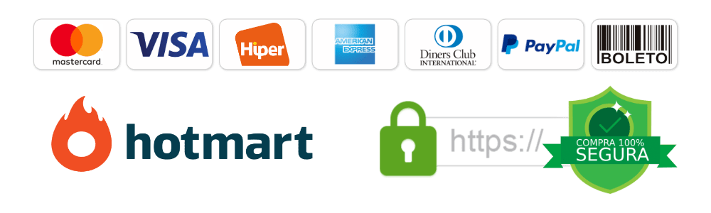 Compra segura — Hotmart · Mastercard, Visa, American Express, Diners Club, PayPal e mais